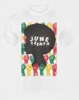 White short sleeve crewneck T-shirt with colorful 'JUNETEENTH' afro graphic