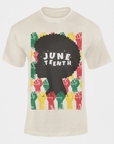Natural short sleeve crewneck T-shirt with colorful 'JUNETEENTH' afro graphic