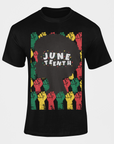 Black short sleeve crewneck T-shirt with colorful 'JUNETEENTH' afro graphic