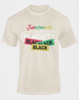 Natural graphic crewneck T-shirt with Juneteenth slogan and stacked word blocks