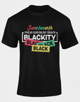 Black graphic crewneck T-shirt with Juneteenth slogan and stacked word blocks