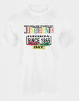 White short-sleeve crewneck T-shirt with centered 'Juneteenth' graphic print