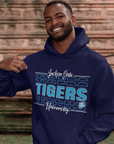 Navy pullover hoodie with front Tigers graphic, kangaroo pocket, and drawstring hood
