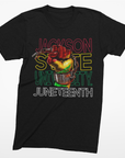 Black crewneck short-sleeve T-shirt with centered multicolor “Juneteenth” logo print