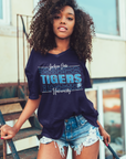 Navy blue v-neck short-sleeve t-shirt worn by model, Tigers front graphic