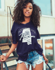 Navy v-neck short-sleeve T-shirt with Tigers mascot graphic on person
