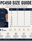 Size guide for Port & Company fan favorite tee with measurements and upcharges.