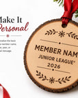 Personalized Junior League natural wood slice ornament with red ribbon and member name 2026