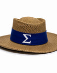 A natural woven straw fedora hat with a wide brim and a royal blue band featuring a white Sigma symbol, photographed on a clean white background.