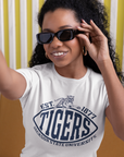 White crew neck short-sleeve T-shirt with TIGERS and EST. 1877 graphic.