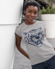 Athletic heather gray crewneck T-shirt with blue tiger head logo, worn outdoors