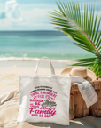 White tote bag with colorful family reunion graphic and "nowhere else" text