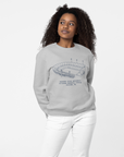 Heather grey unisex crewneck sweatshirt with stadium graphic and text on chest