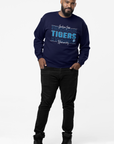 Navy crewneck sweatshirt with long sleeves and “Tigers” graphic on the front