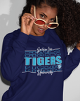 Navy sweatshirt with “Tigers” logo and varsity text graphic on the front