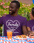 Purple short-sleeve T-shirt with Family heart graphic, worn by family members