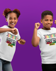 White short-sleeve crewneck T-shirt with 'Juneteenth' multicolor design, worn