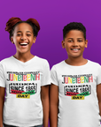 White short-sleeve crewneck T-shirt with 'Juneteenth since 1865' graphic, worn