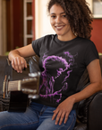 Black short-sleeve T-shirt with purple portrait graphic, on model