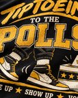 Close-up detail of Black and Gold Tiptoein’ to the Polls DTF print