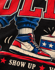Close-up detail of Tiptoein’ to the Polls DTF print on black cotton