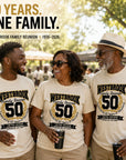 Family wearing Westbrook Family Reunion 50th Anniversary shirts at an outdoor reunion