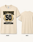 Front and back view of Westbrook Family Reunion 50th Anniversary T-shirt in Natural