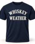 Navy Whiskey Weather unisex short sleeve T-shirt with warm cream print