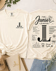 Ivory tee with small front logo and large back Junior League graphic print