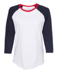 Ladies raglan baseball T-shirt with white body, navy sleeves, red crew neckline