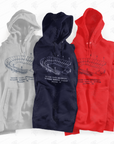 Unisex pullover hoodies in red, navy, and gray with printed stadium graphic
