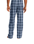 Navy plaid flannel pajama pants with elastic waistband and drawstring
