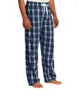 Navy plaid flannel pajama pants with drawstring waist and side pockets