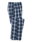 Navy plaid flannel pajama pants folded, showing drawstring and elastic waist