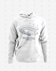 Unisex pullover hoodie in white with large stadium graphic and front kangaroo pocket