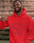 Unisex pullover hoodie in red with large stadium graphic and front kangaroo pocket