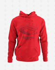 Unisex pullover hoodie in red with large stadium graphic and front kangaroo pocket