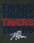 Black unisex crewneck T-shirt with stacked Tigers striped lettering and tiger logo