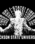 Black short-sleeve t-shirt with large white “JACKSON STATE UNIVERSITY” tiger graphic