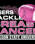 “Tigers Tackle Breast Cancer” chest graphic with football and ribbon on black background