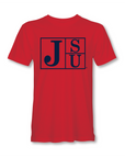 Red crew-neck short-sleeve T-shirt with blue JSU block-letter logo on back