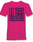 Hot pink crew neck t-shirt with stacked alumni logo print on front