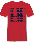 Red crew neck t-shirt with stacked alumni logo print on front