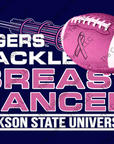“Tigers Tackle Breast Cancer” chest graphic with football and ribbon on navy background