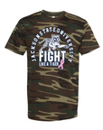 Unisex crew neck camo T-shirt with Fight Like a Tiger graphic, dark green and tan