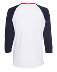 Ladies raglan baseball T-shirt back view, white body with navy sleeves and red neckline