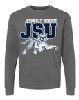 Heavy metal gray unisex crewneck pocket sweatshirt with leaping tiger and JSU logo graphic