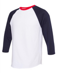 Toddler baseball raglan T-shirt side view, white body, navy sleeves, red crew collar