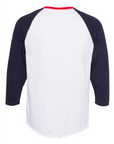 Toddler baseball raglan T-shirt, white body, navy sleeves, red crew collar, back