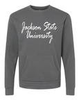 Heavy metal gray unisex crewneck pocket sweatshirt with white “Jackson State University” script front